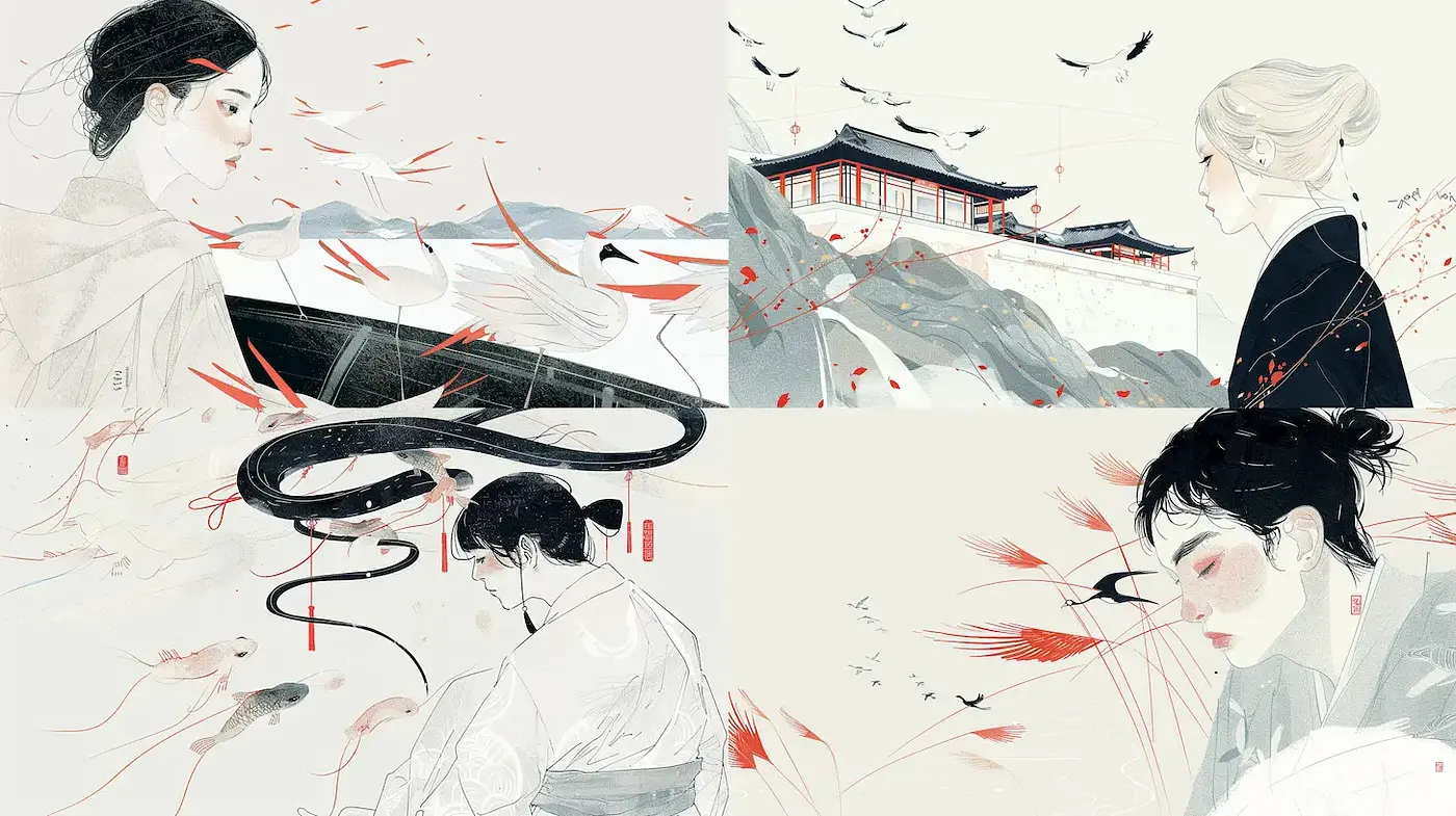 Ethereal and minimalist illustrations with a touch of traditional aesthetics - Midjourney sref style