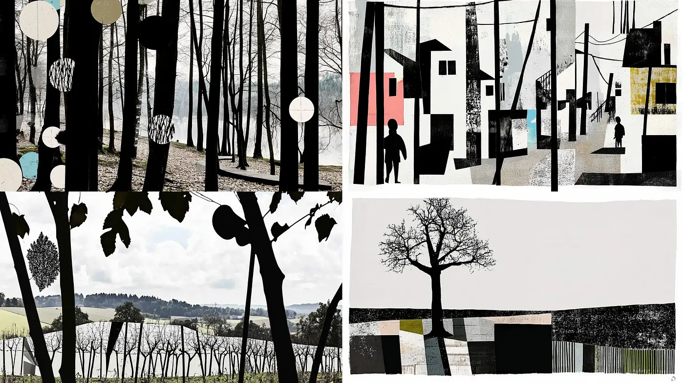 Monochrome Mosaic Landscape Collages - Midjourney sref style