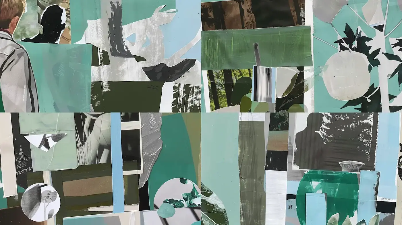 Unique Abstract Collage Style with Naturalistic Elements and Soft Color Palette - Midjourney sref style