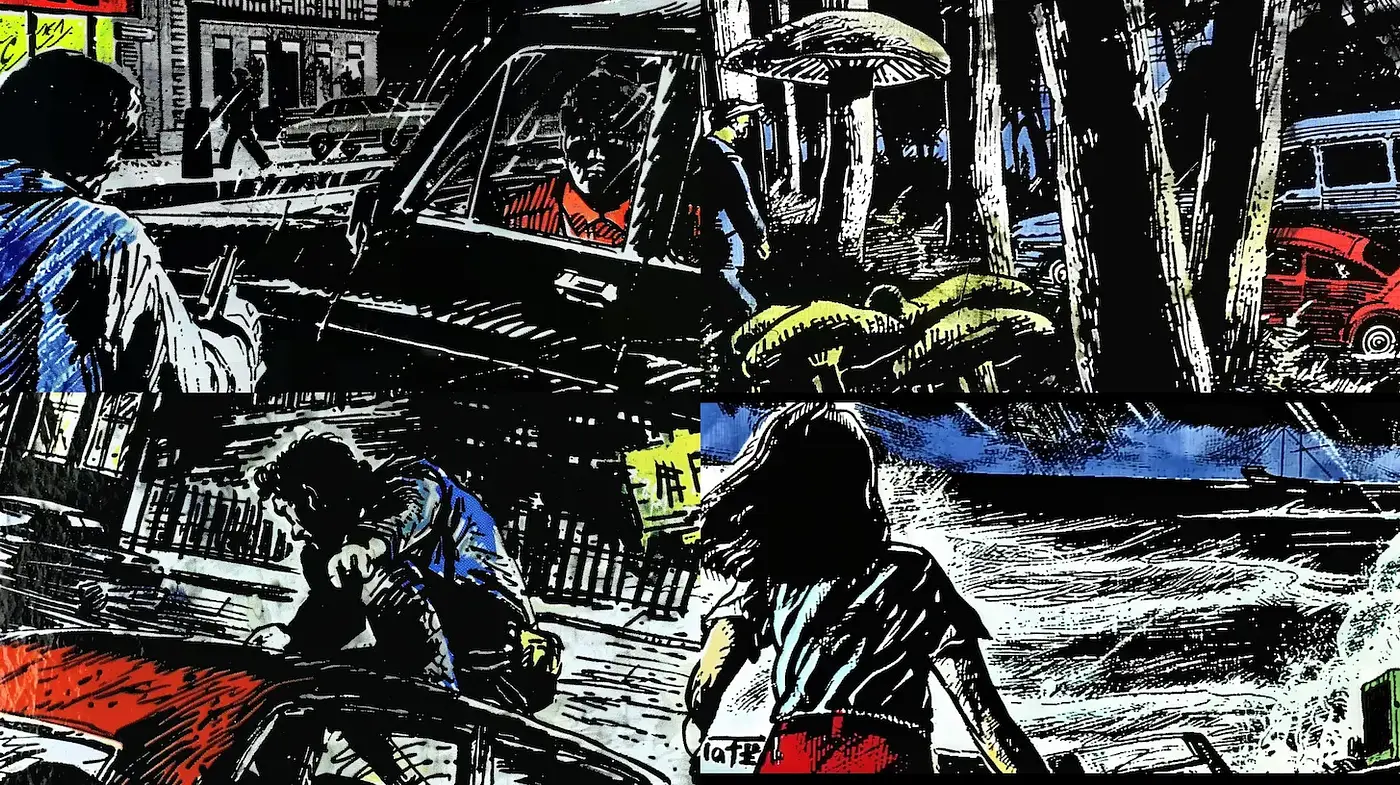 Dynamic storytelling through bold lines and contrasting hues evocative of urban scenes - Midjourney sref style