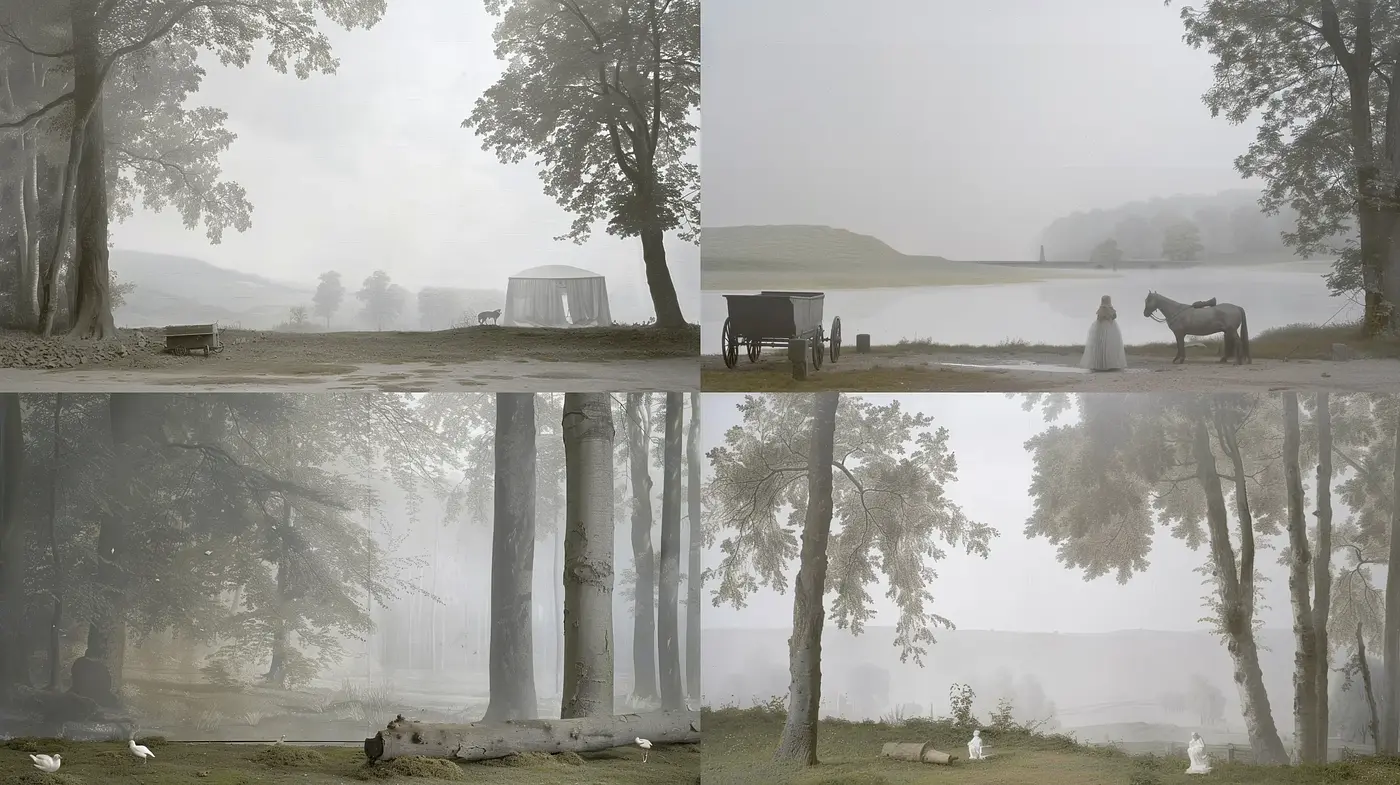 Ethereal Pastoral Serenity: A Harmonious Blend of Misty Landscapes and Soft Hues - Midjourney sref style