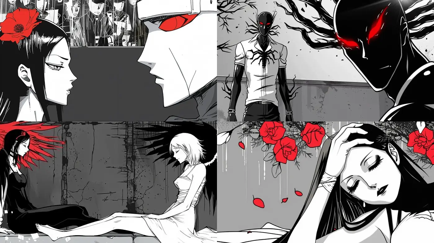 Stark Monochrome Manga with Vivid Red Accents - Midjourney sref style