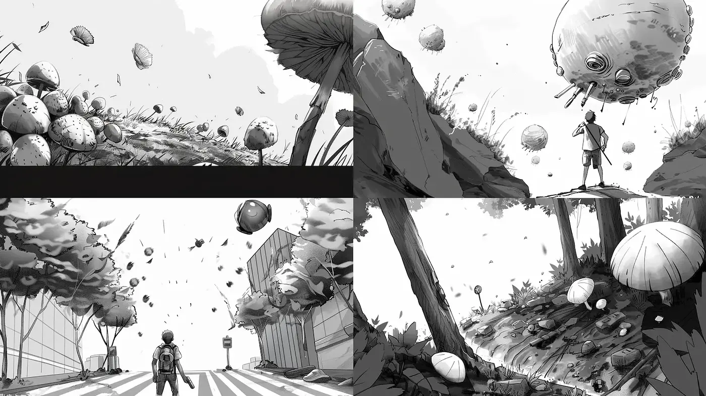 Surreal and whimsical monochrome landscapes with distinctive textures and style - Midjourney sref style
