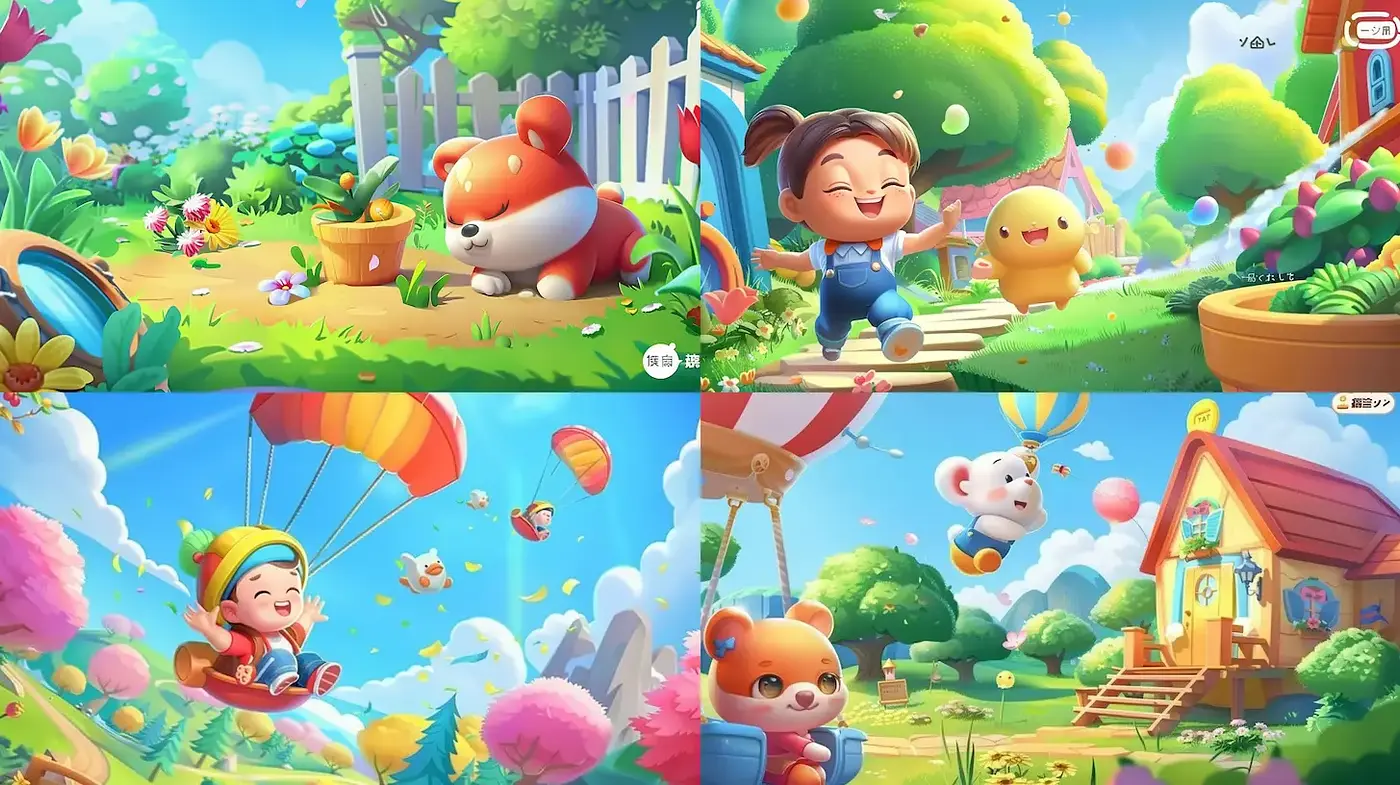 Playful and Whimsical Cartoon Landscape with Vibrant Characters - Midjourney sref style