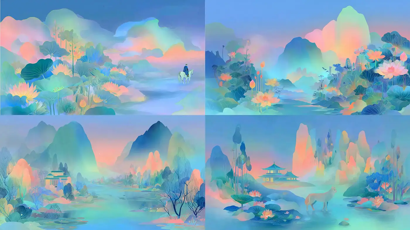 Harmonious Landscapes with Ethereal Color Gradients and Dreamlike Quality - Midjourney sref style