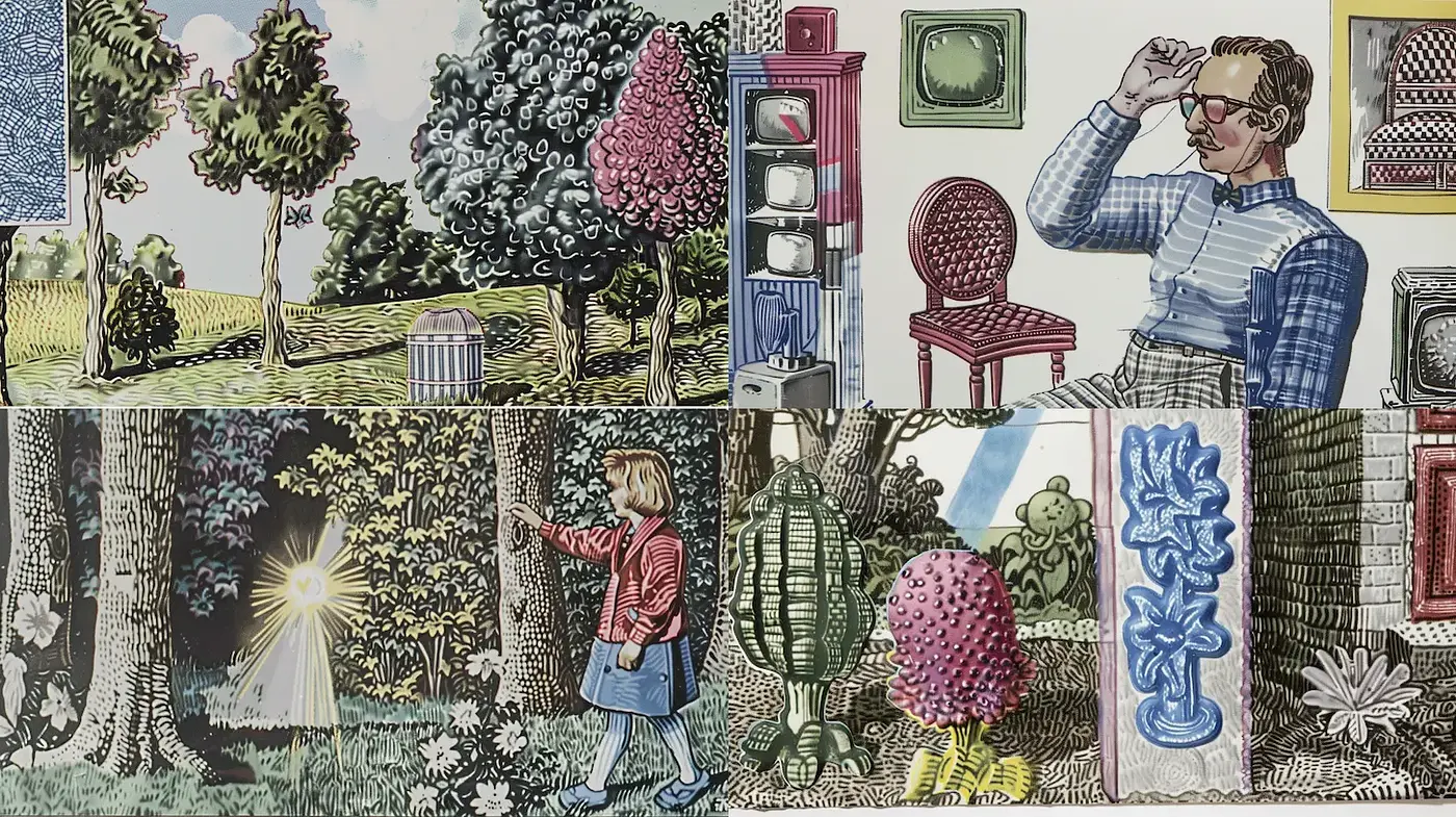 Quirky and Vibrant Retro Illustrations with Eclectic Elements - Midjourney sref style
