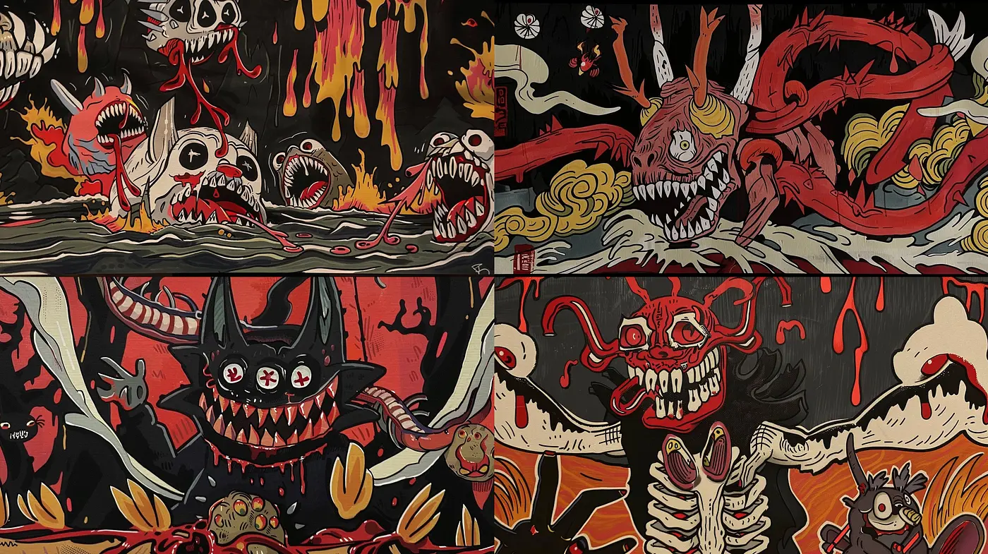 Consistency in Chaos: A Study in Unified Disarray and Expressive Lines Across a Quartet of Eerie Illustrations - Midjourney sref style
