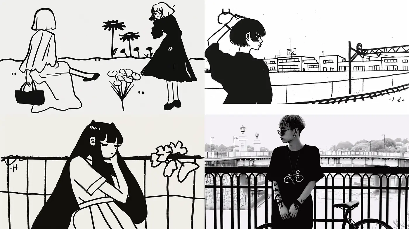 Monochrome Elegance in Stylized Portraiture: A Study in High-Contrast Black-and-White - Midjourney sref style