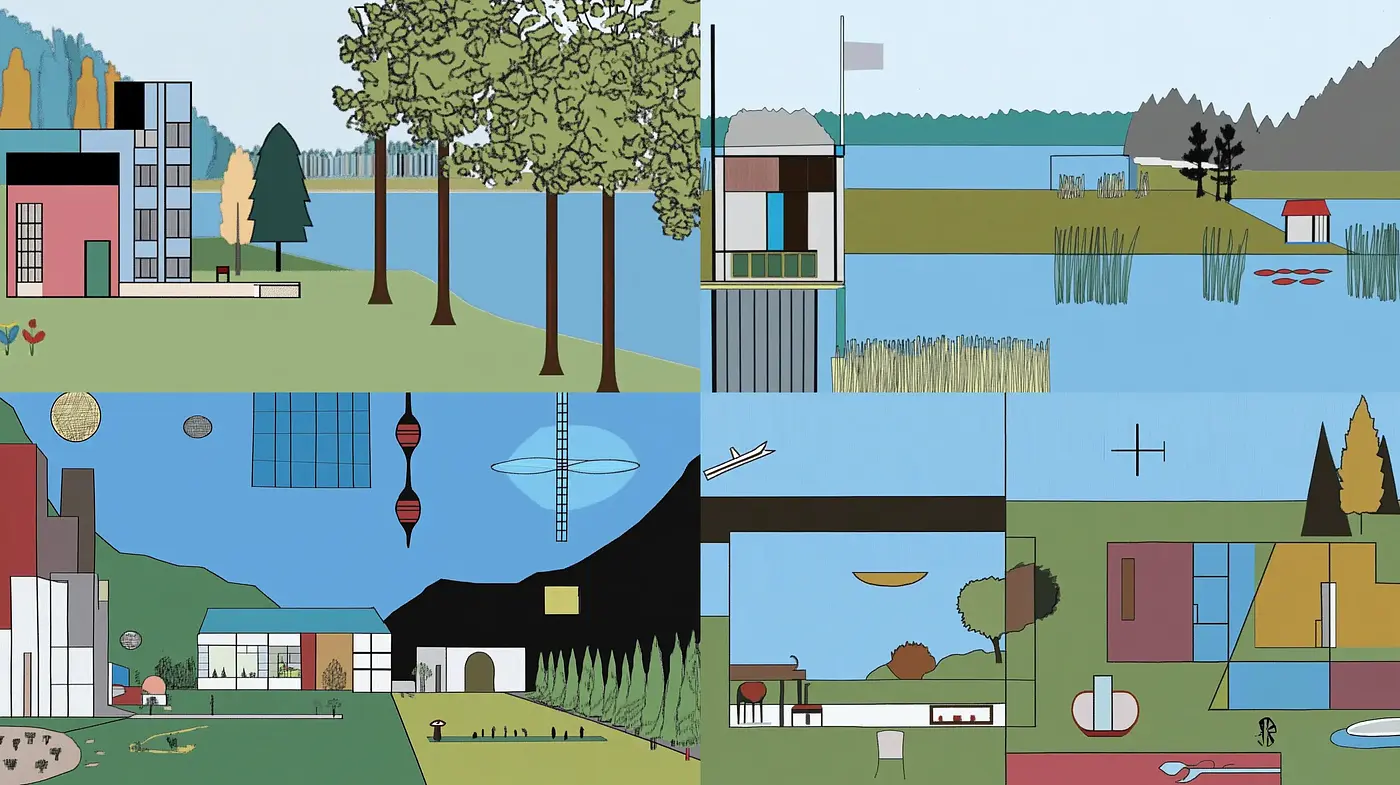 Contemporary Geometric Panoramas: A Study in Stark Lines and Simplified Forms - Midjourney sref style