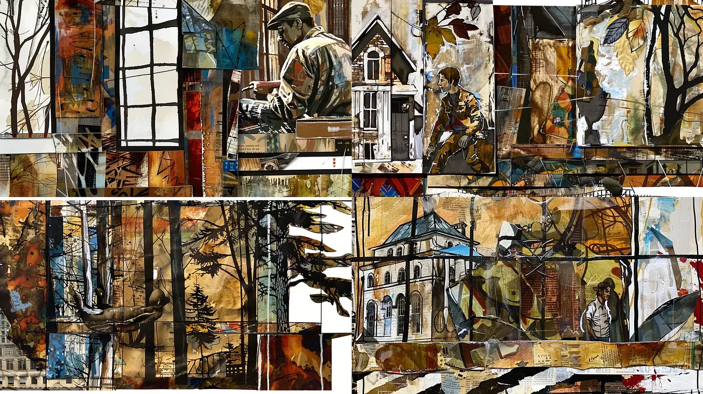 Collage of Nostalgia: A Patchwork of Vintage Tones and Textured Memories - Midjourney sref style