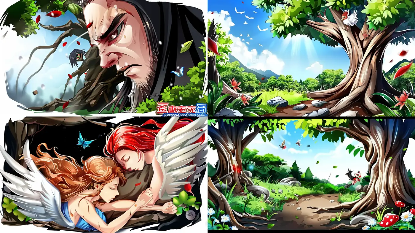 Vibrant Fantasy Tableau with Lush Nature and Dynamic Characters - Midjourney sref style
