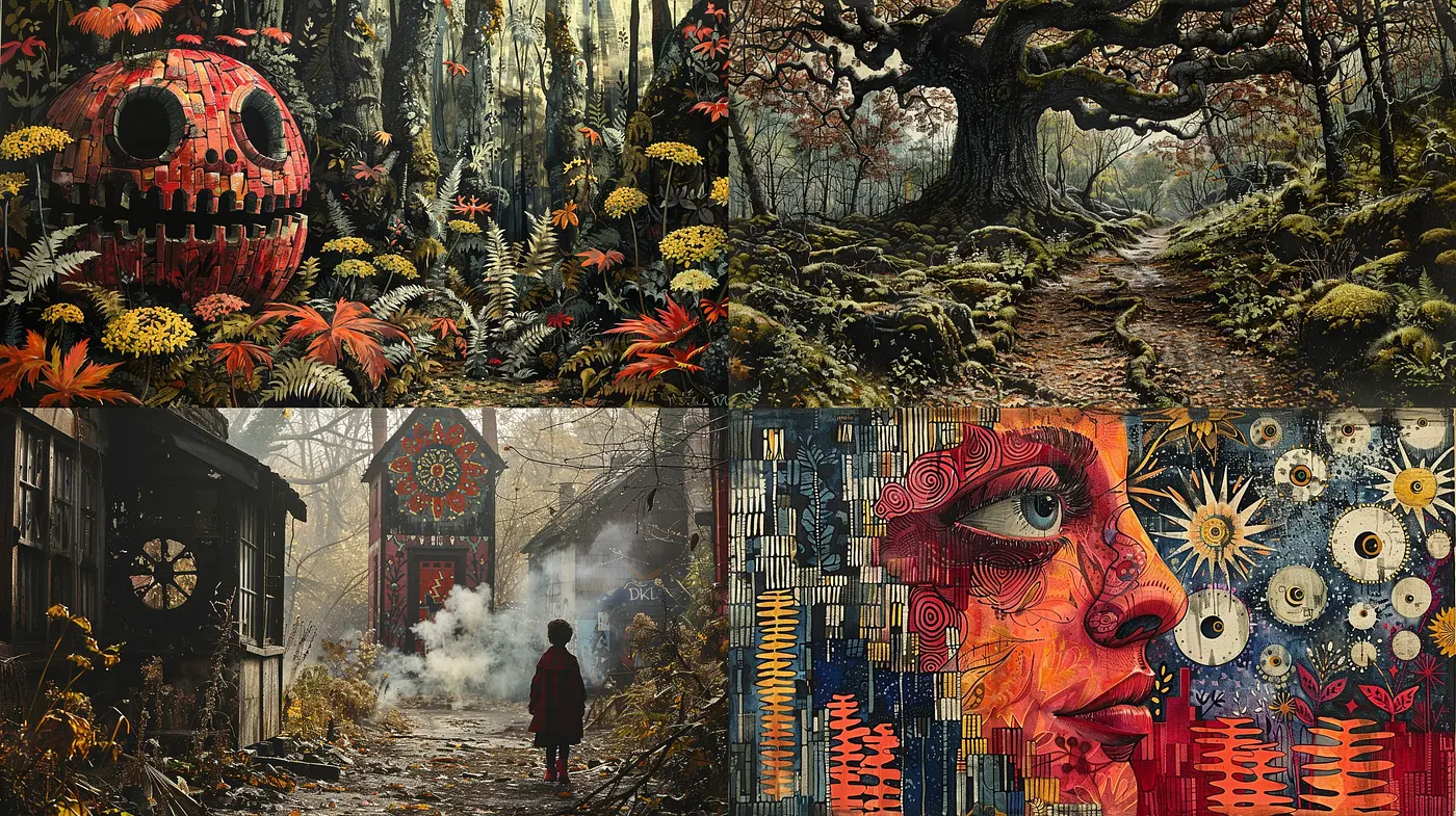 Autumnal Dreamscape Fusion with Surrealist and Neo-Expressionist Overtones - Midjourney sref style