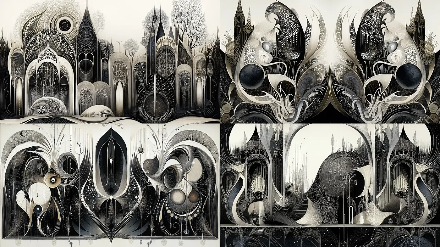 Monochromatic Fantasy Scape Through Surrealism and Organic Art Nouveau Fusion - Midjourney sref style