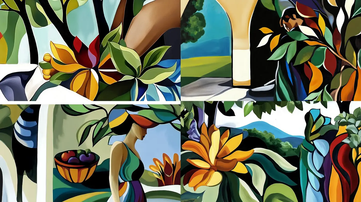 Vibrant Botanical Mosaic: A Synthesis of Stylized Flora and Geometric Play - Midjourney sref style