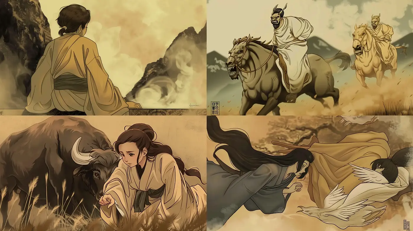 Ethereal Serenity in Sepia Tones: A Fusion of Asian-Inspired Mythological Art - Midjourney sref style
