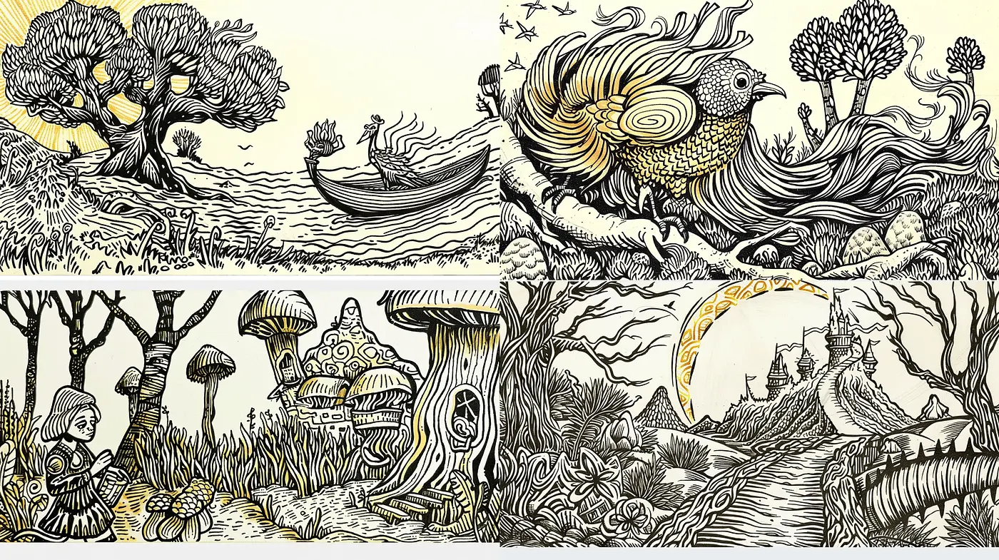 Intricately Detailed Ink Illustrations in a Storybook Woodland - Midjourney sref style