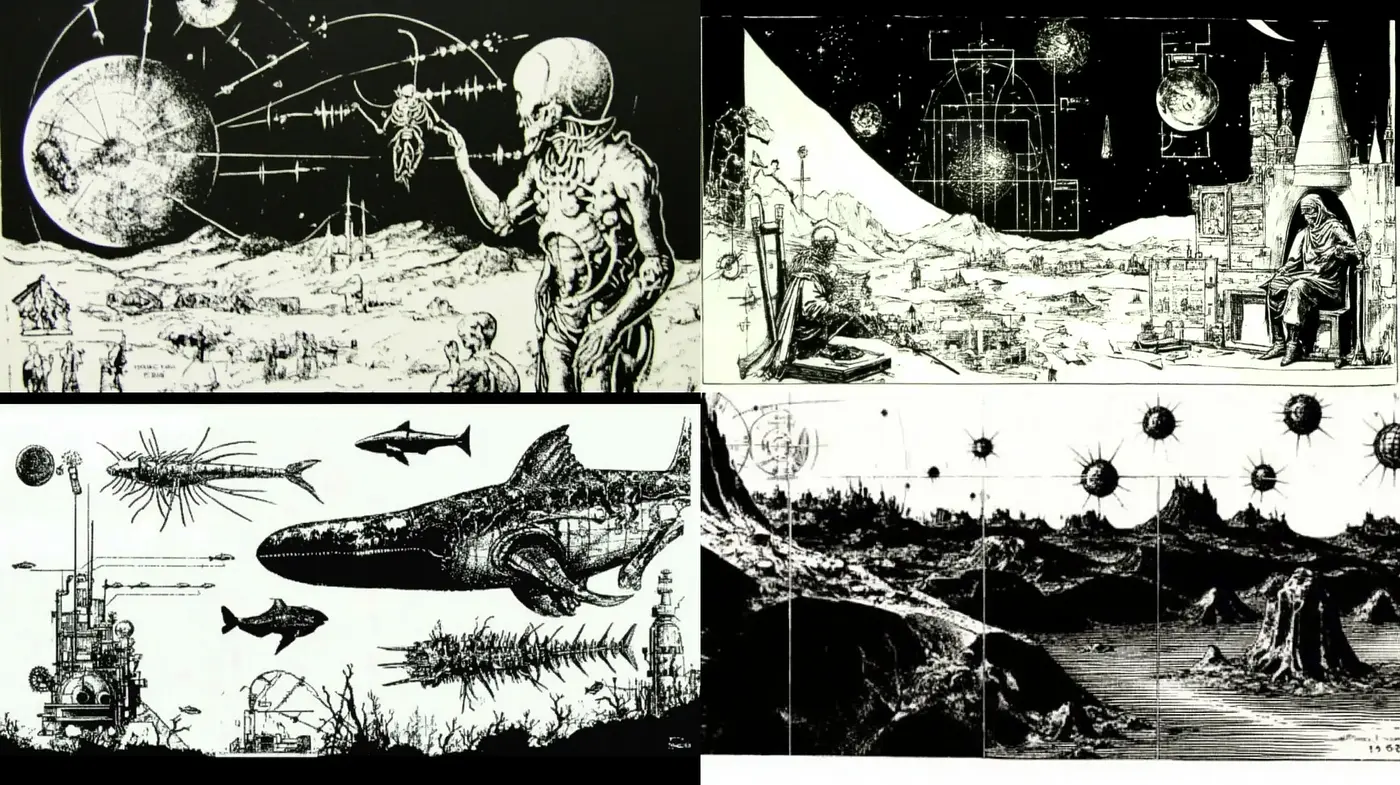Ethereal Monochrome Visions: An Homage to Scientific Illustration and Surrealist Art - Midjourney sref style