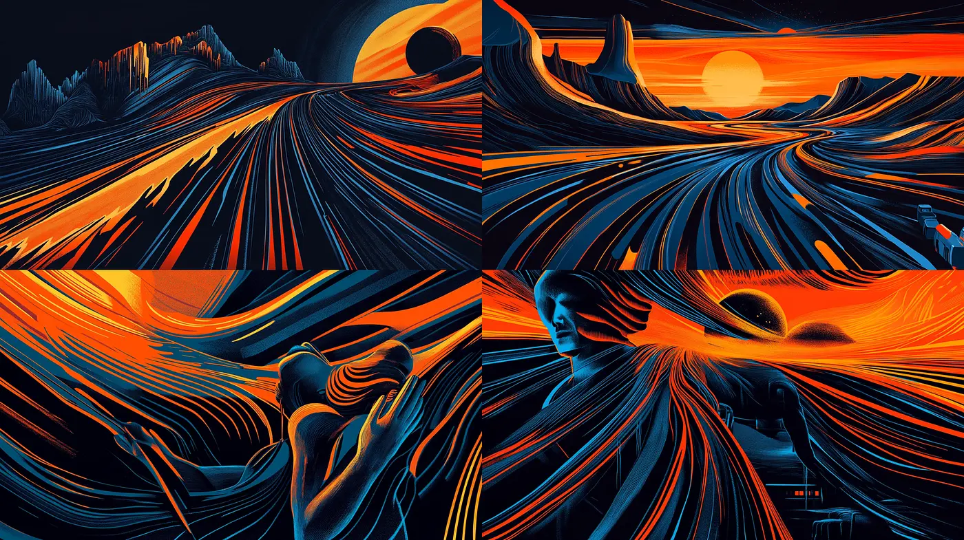 Dynamic and Vibrant Futuristic Landscapes with Fluid Forms - Midjourney sref style