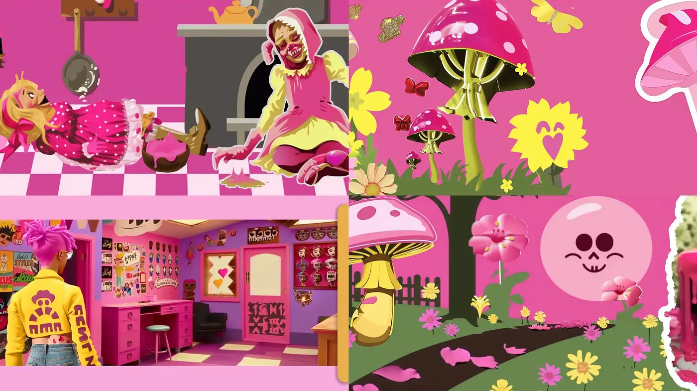 Surreal Pink Fantasy with Retro Pop Art Elements - Midjourney sref style