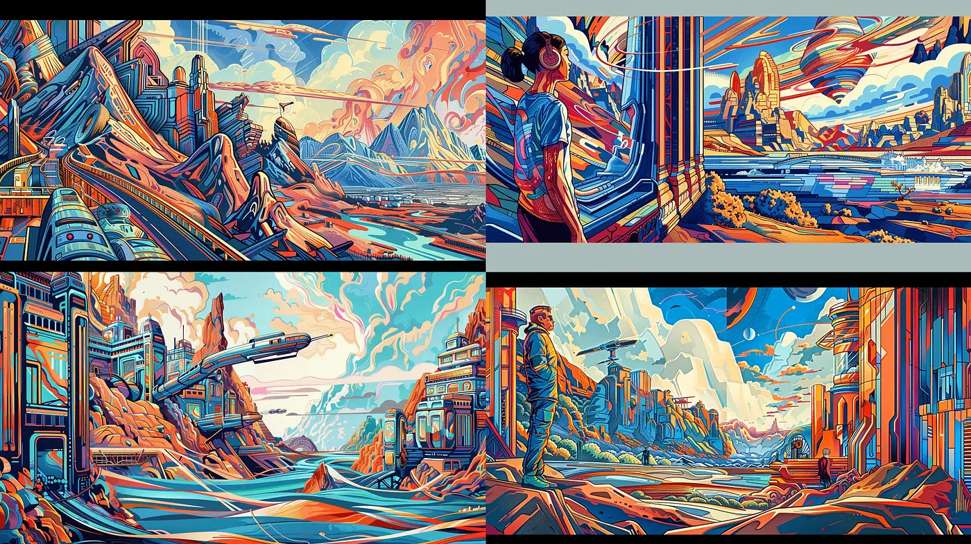 Futuristic Retro Comic Panoramas with a Twilight Ambiance - Midjourney sref style