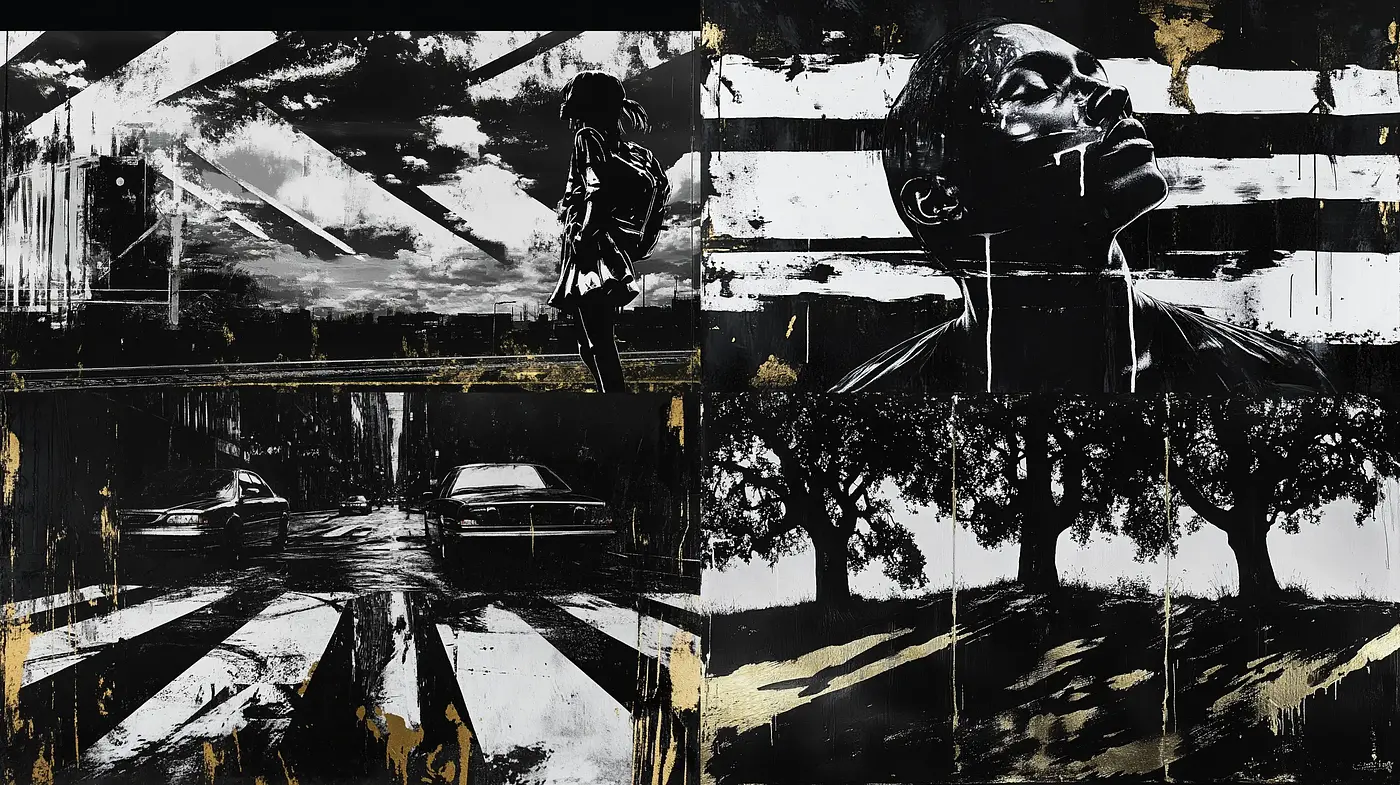 Monochromatic Urban Elegance with a Surrealist Touch - Midjourney sref style
