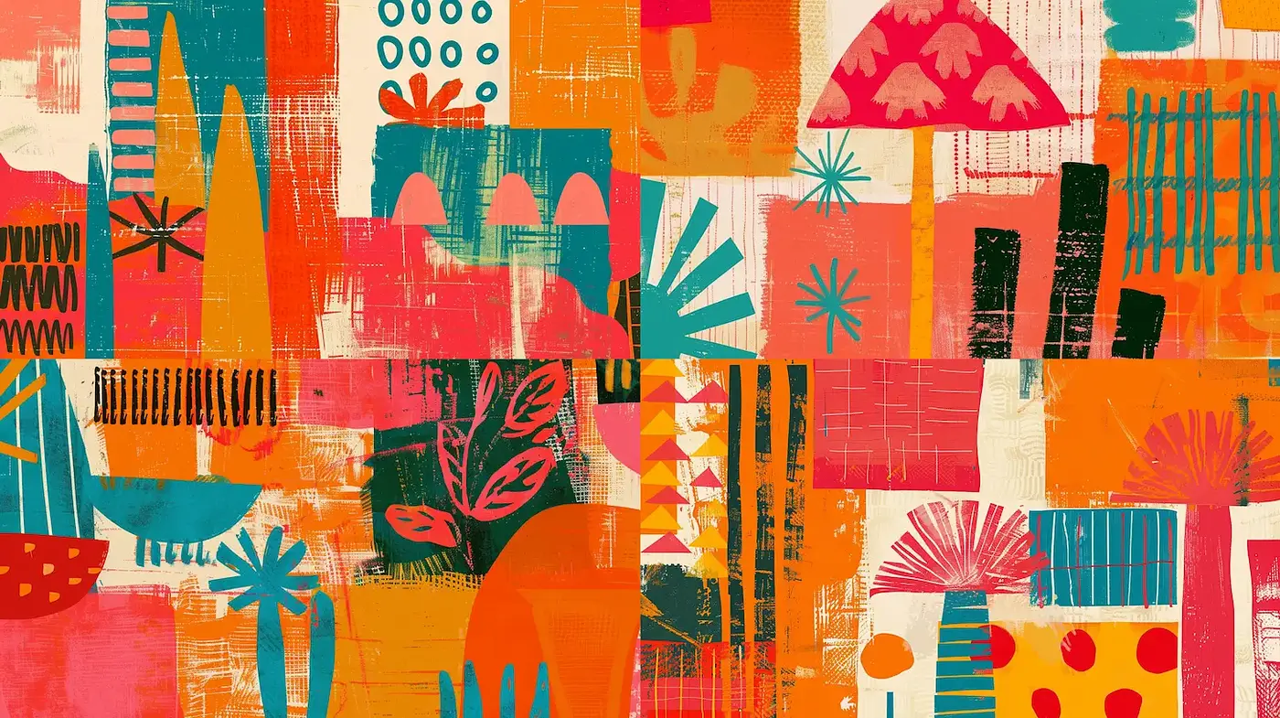Vibrant and Abstract Geometric Collage with Retro Influences - Midjourney sref style