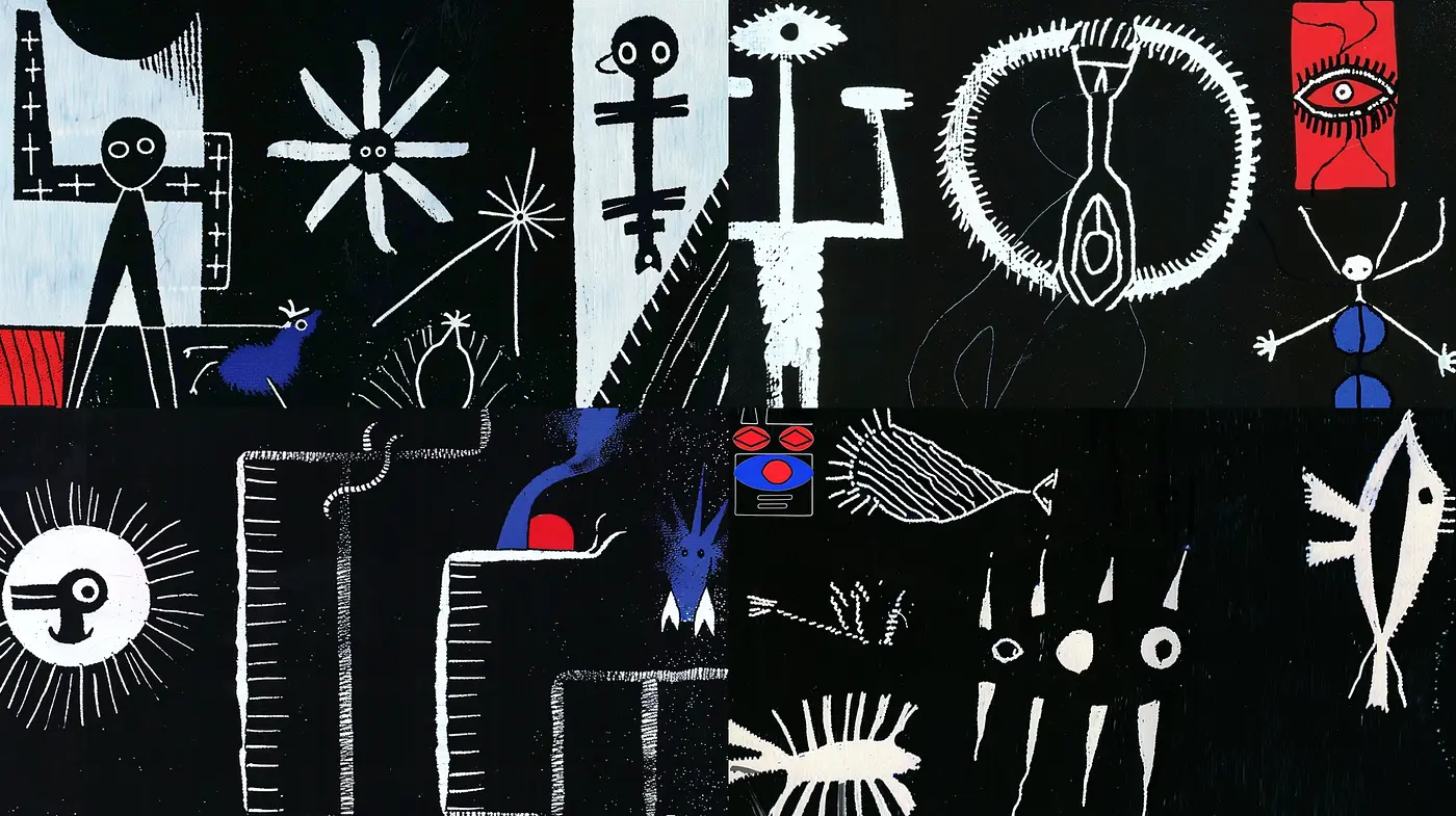 Harmonious Abstract Primitivism in Contrasting Hues - Midjourney sref style