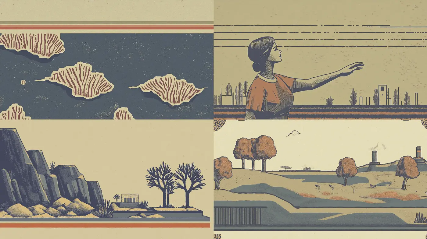 Retro Illustrated Panoramic Scenes with Warm Tonalities and Stylized Form - Midjourney sref style