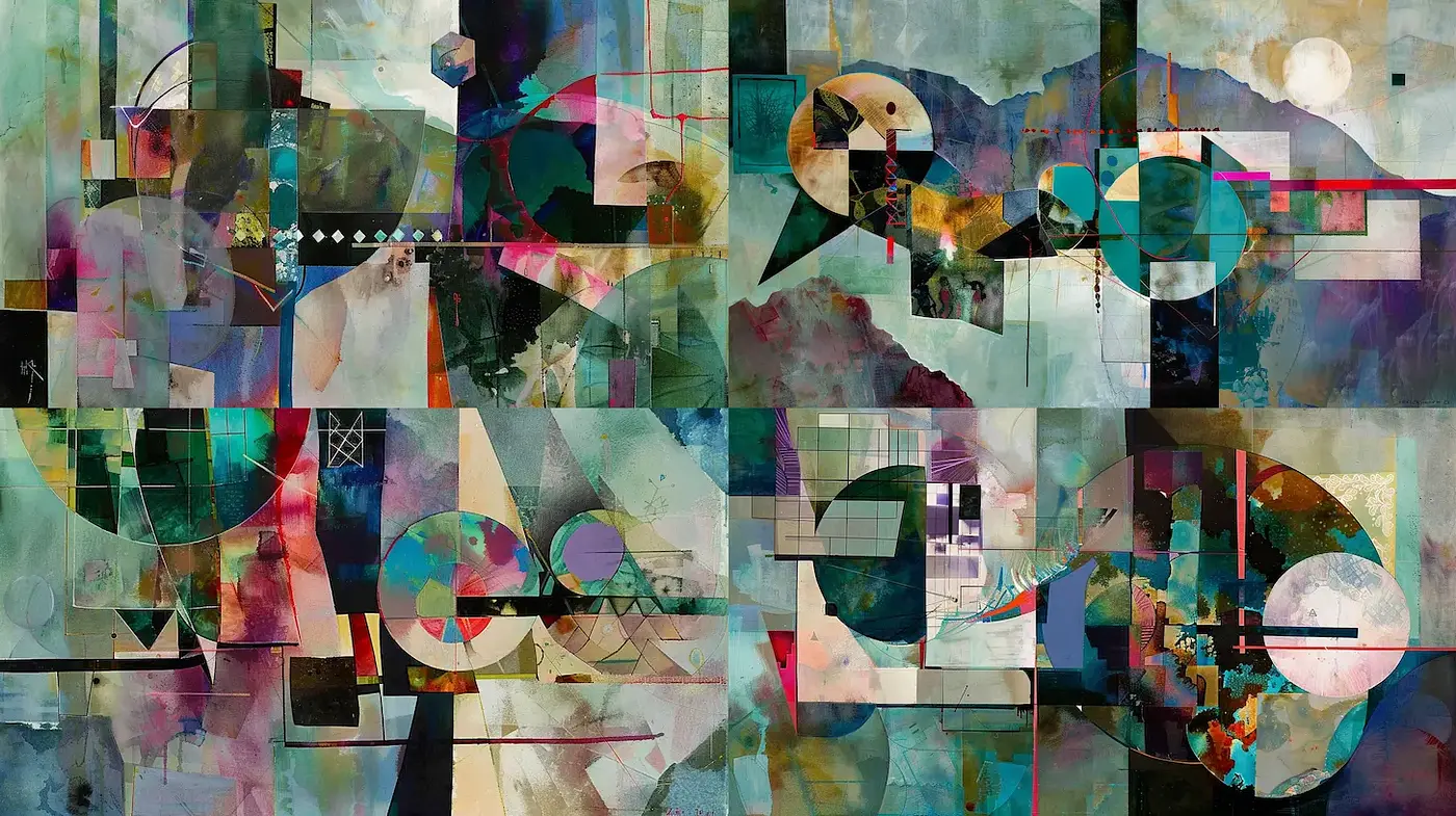 Dynamic Abstract Composition with Geometric Forms and Rich Textures - Midjourney sref style