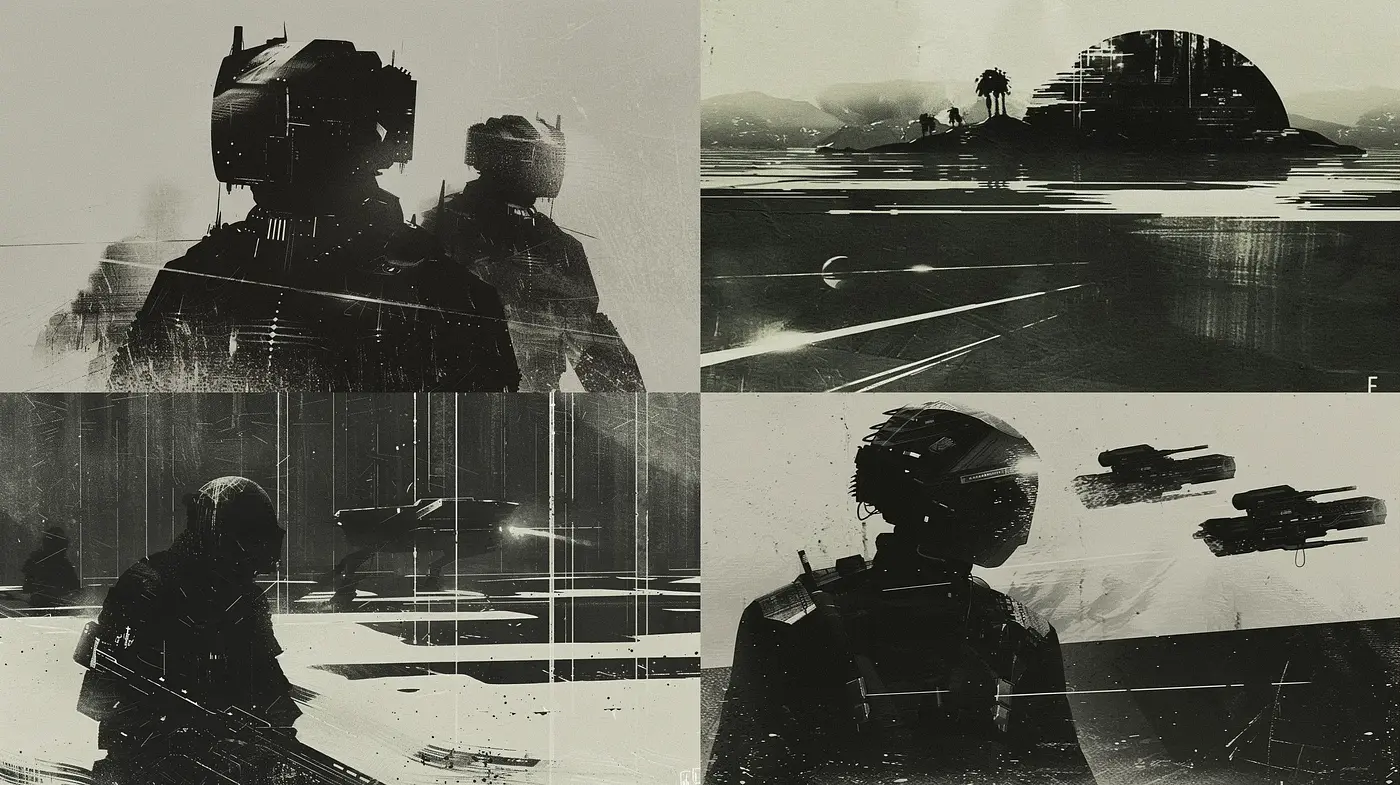 Monochromatic Dystopia: A Blend of Abstract Expressionism and Futuristic Noir - Midjourney sref style