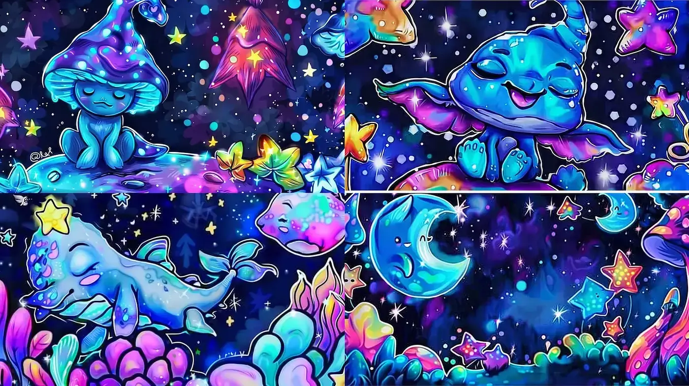 Whimsical Cosmic Fantasy with Neon Hues and Playful Characters - Midjourney sref style