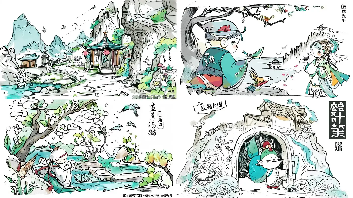 Whimsical Ink-Wash Style Illustration with East Asian Aesthetics - Midjourney sref style