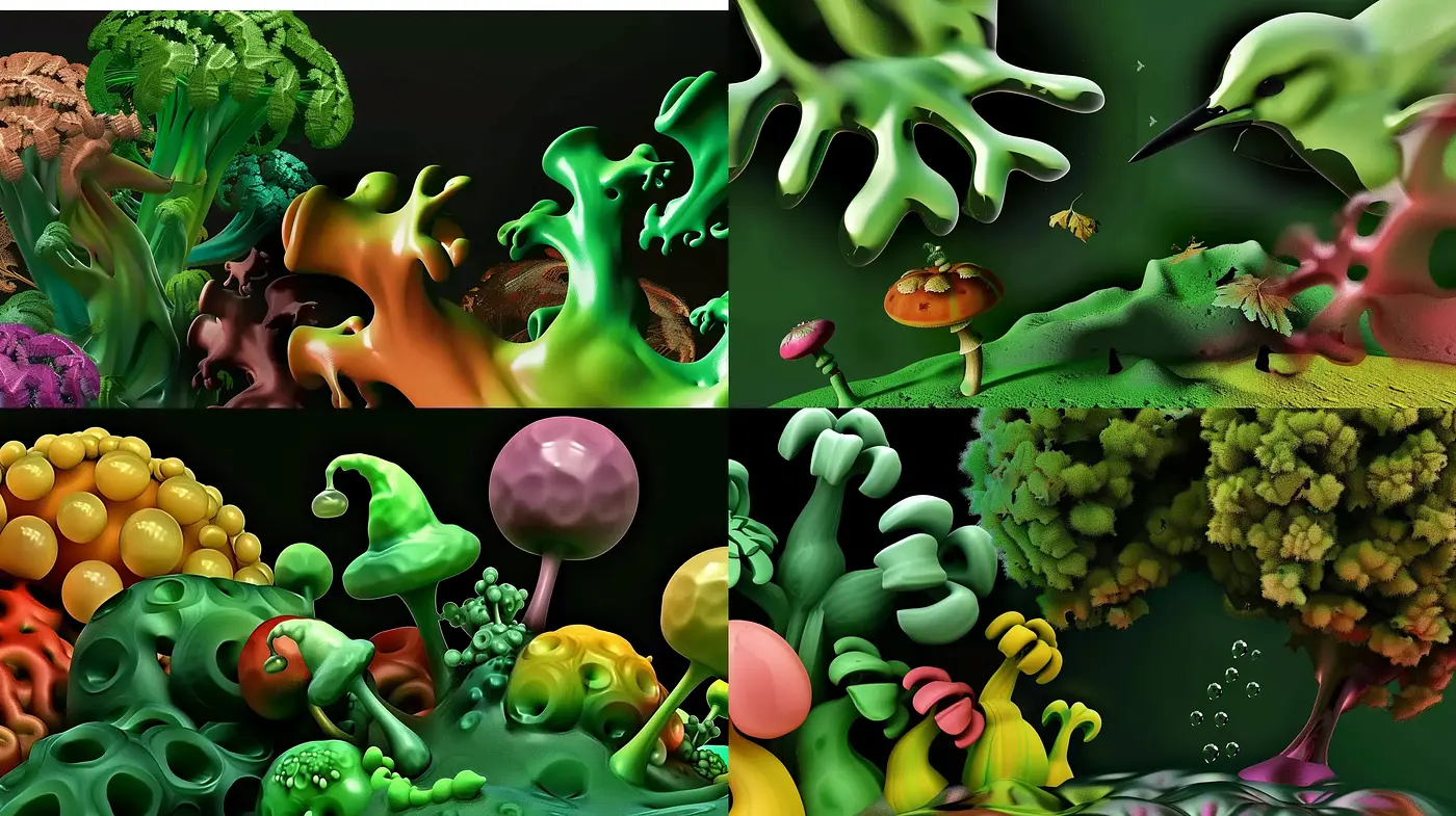 Surreal Organic Gardens: An Intersection of Dreamlike Textures and Vibrant Botanical Hues - Midjourney sref style