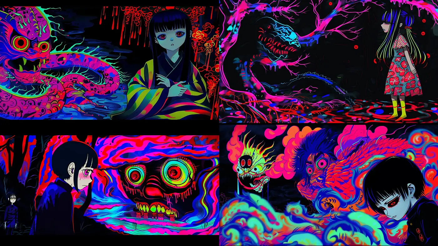 Neon Psychedelia and Japanese Mythos Fusion - Midjourney sref style
