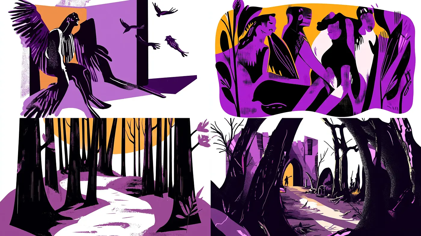 Whimsical Shadows and Hues - A Stylized Nature in Purples and Blacks - Midjourney sref style