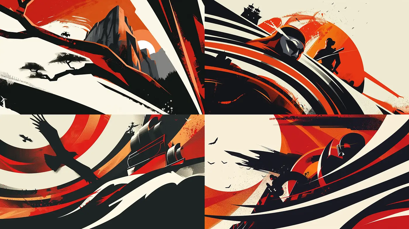 Abstract Elegance in Dynamic Monochrome with Red Accents - Midjourney sref style