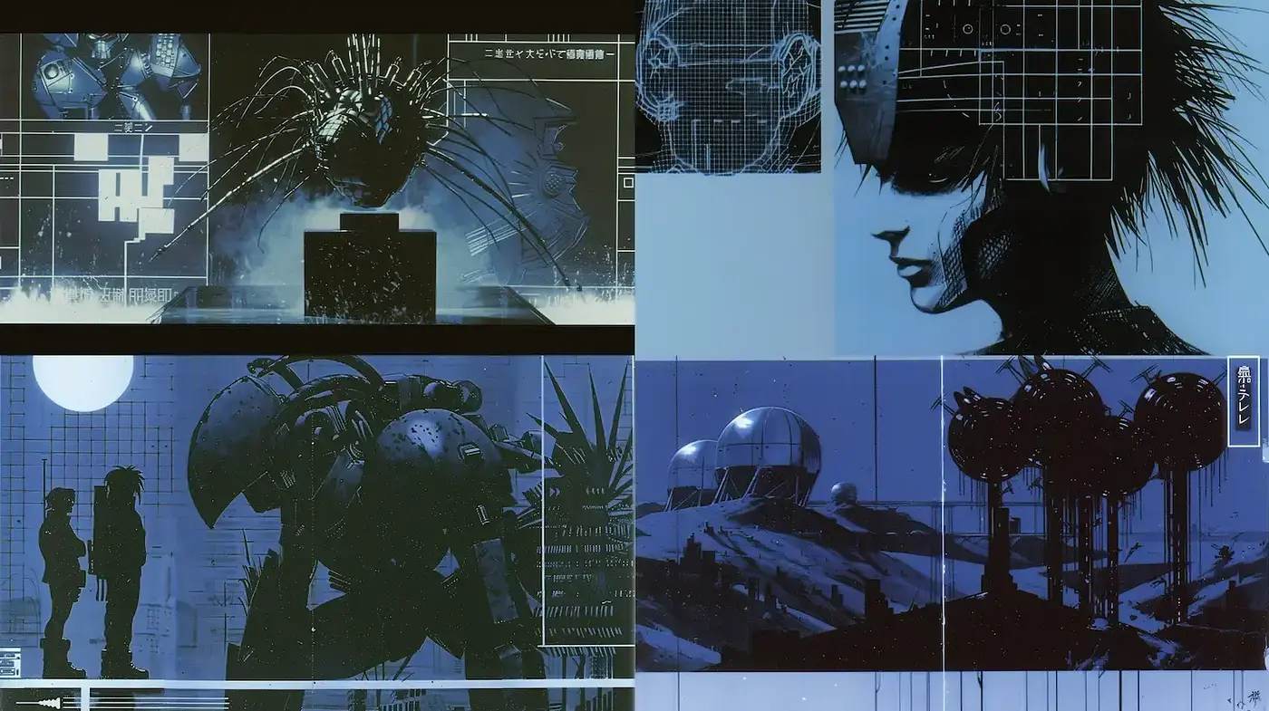 Futuristic Cyberpunk Aesthetic With a Monochrome Blueprint Tone - Midjourney sref style