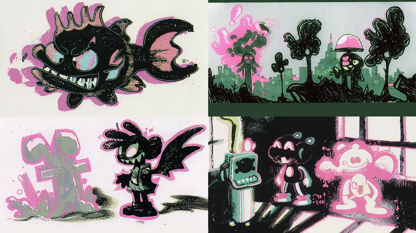 Vibrant, edgy style with a playful yet dark atmosphere - Midjourney sref style