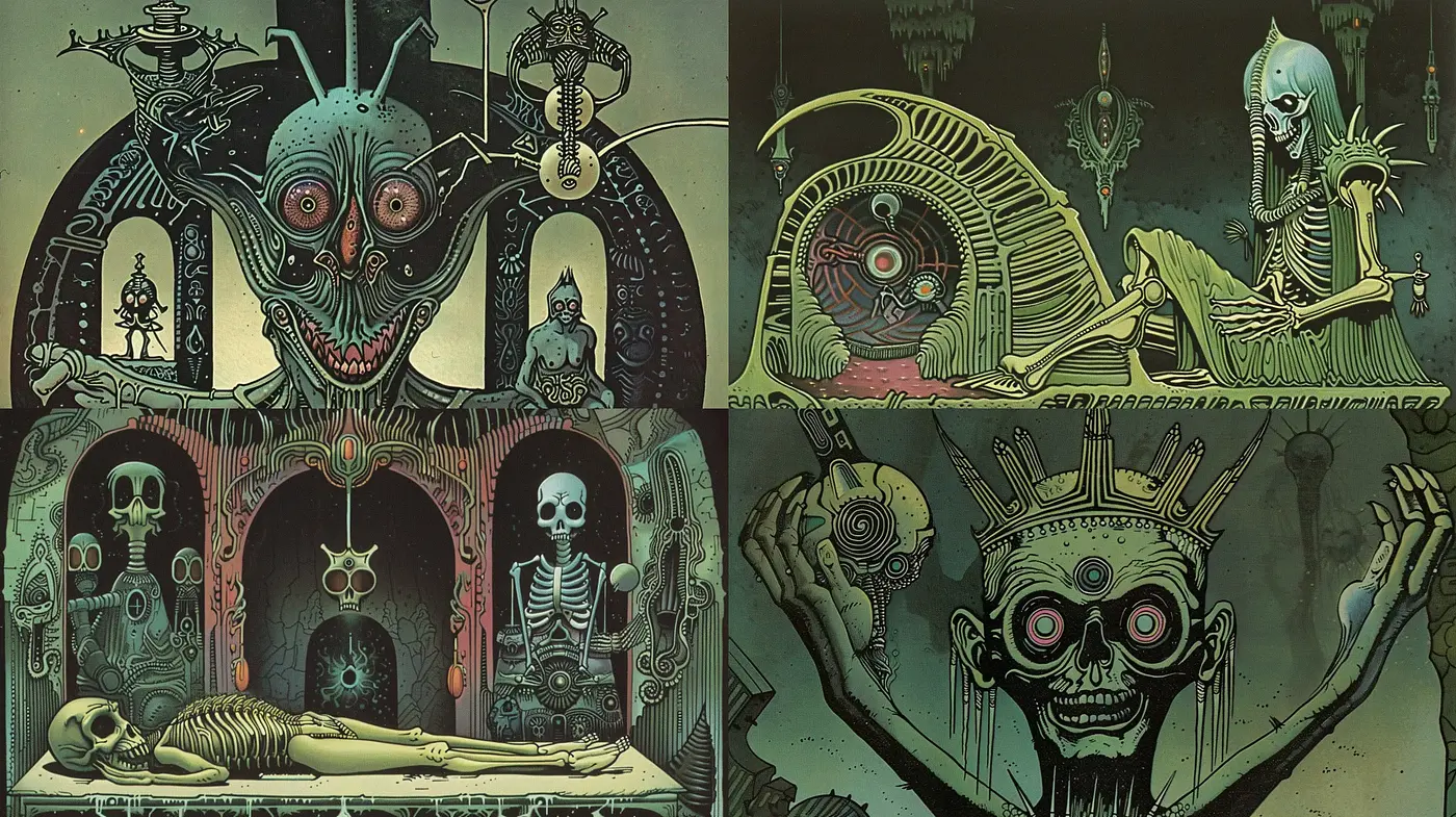 Eerie Macabre Retrofuturism with a Sci-Fi Edge - Midjourney sref style