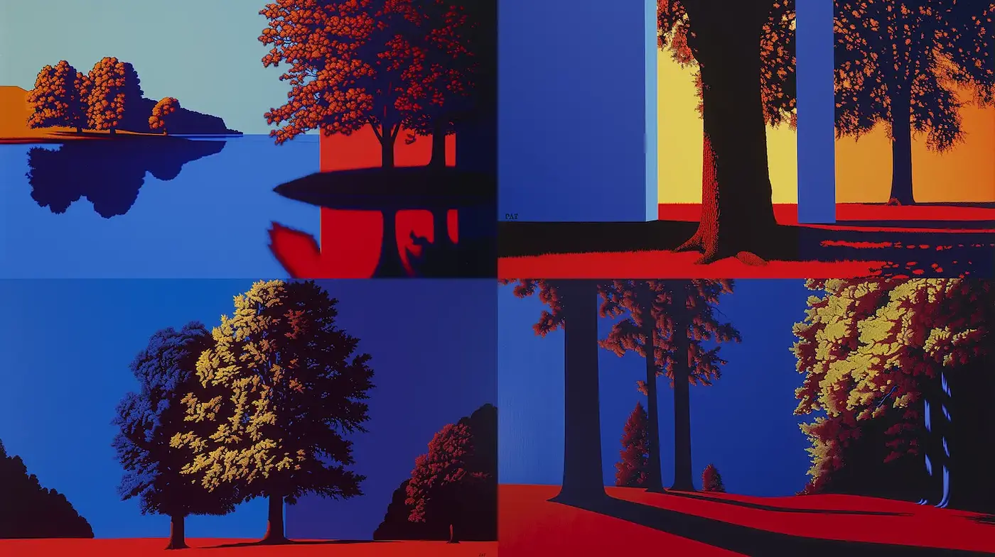 Vibrant and Geometric Landscape Composition with Strong Color Contrast - Midjourney sref style
