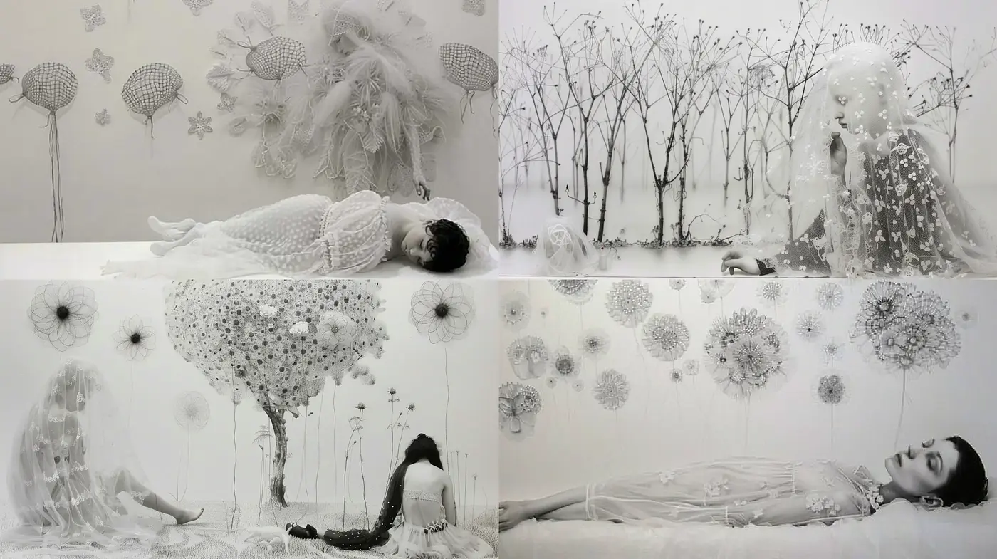 Monochromatic Whimsy: Dreamlike Delicacy in a Surreal Black and White World - Midjourney sref style