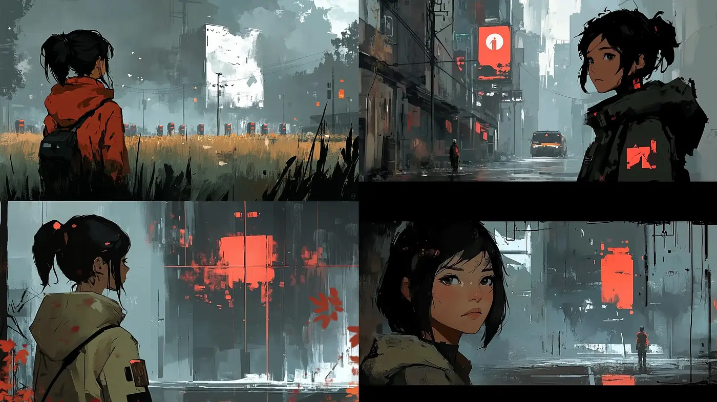 Moody Cyberpunk Vistas with Expressive Character Portraits - Midjourney sref style