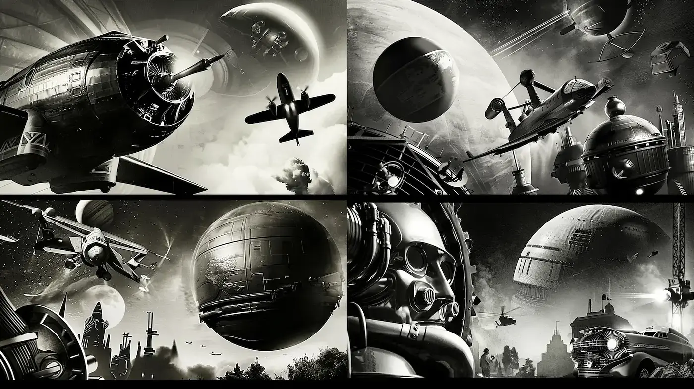 Futuristic Noir with Industrial Flair and Cosmic Elements - Midjourney sref style