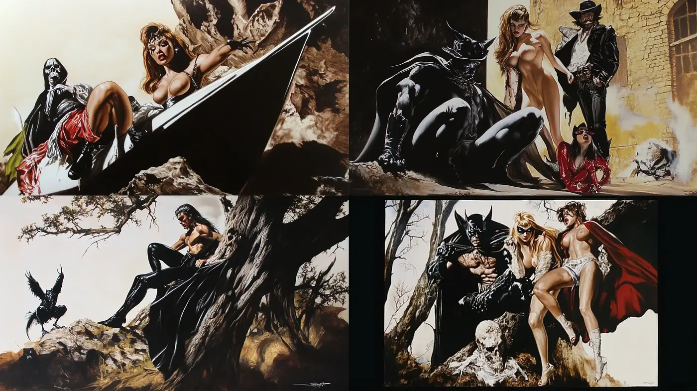Dramatic Superhero Illustrative Fusions with Noir Overtones - Midjourney sref style