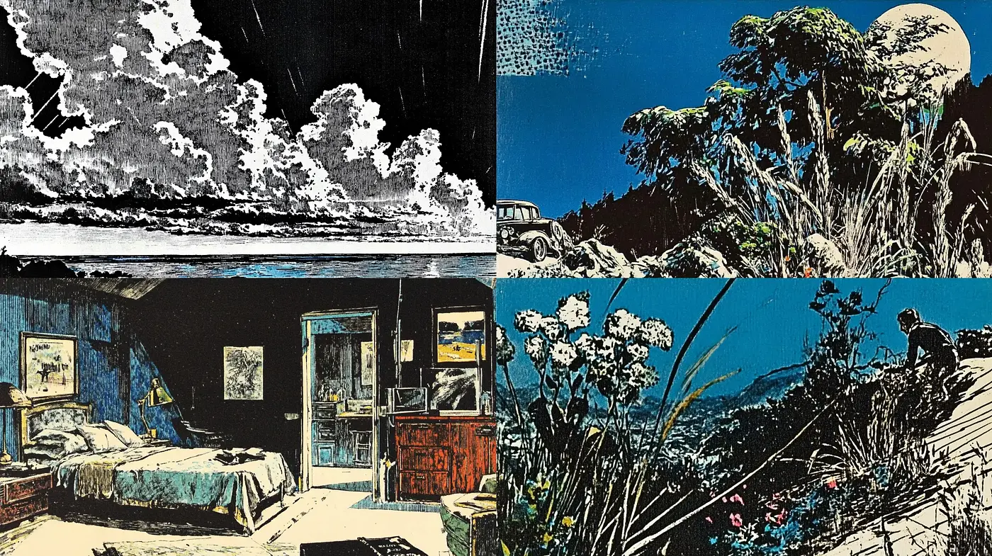 Nocturnal Serenity in Stylized Contrast: A Study in Ebony and Cerulean Hues - Midjourney sref style
