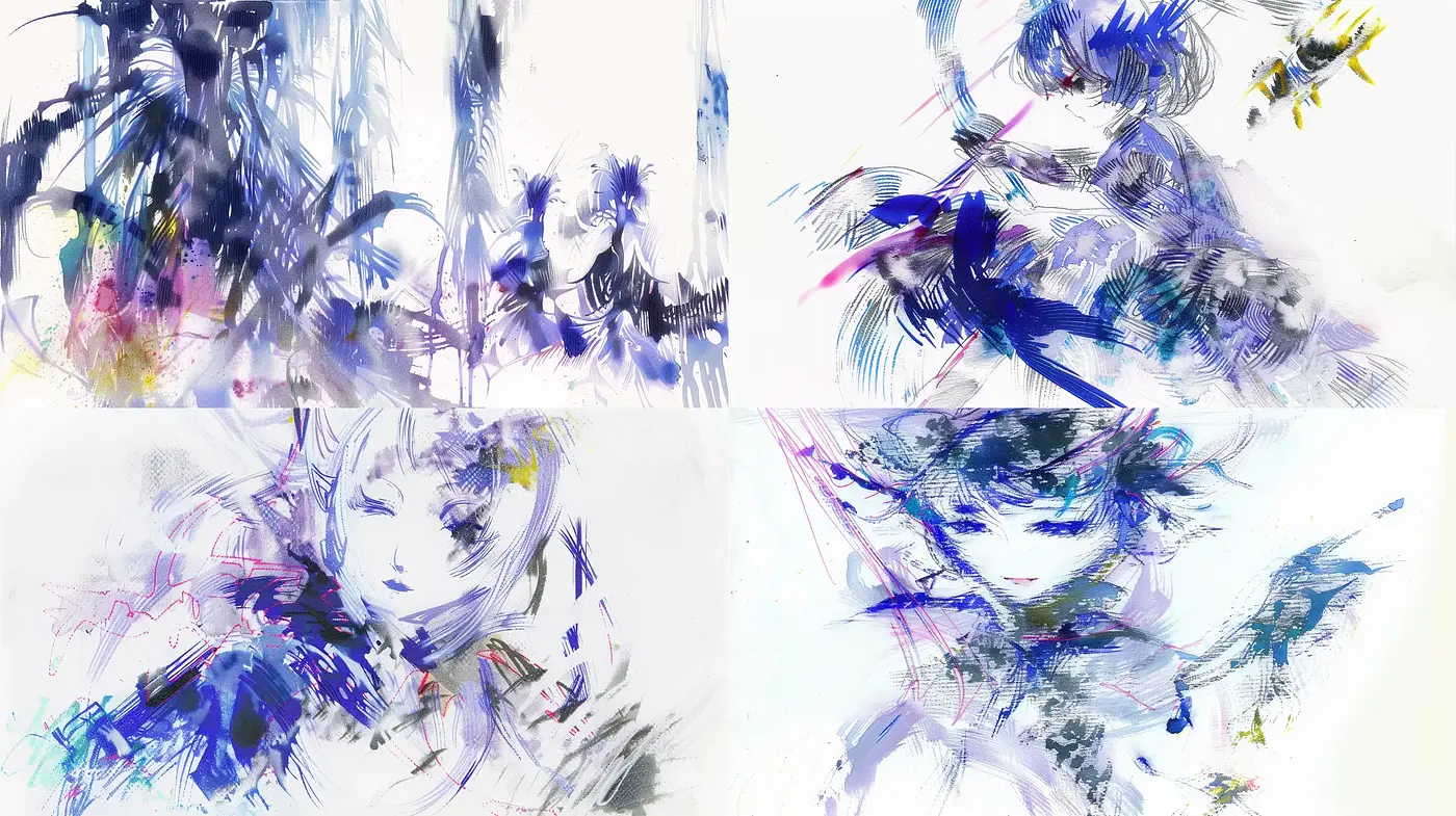 Ethereal Brushwork Harmony in Blue and Violet Tones - Midjourney sref style
