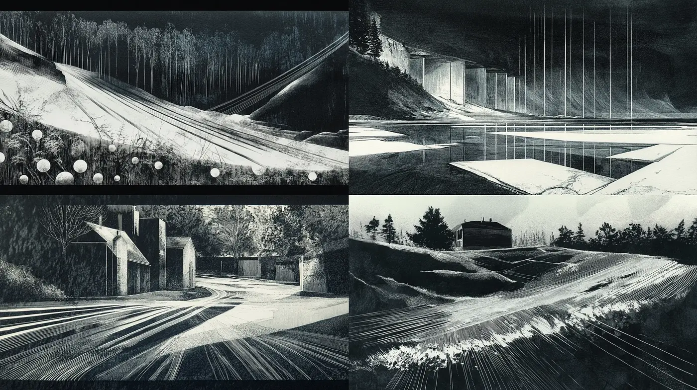Monochromatic Textured Panoramas Evoking a Surreal and Melancholic Ambience - Midjourney sref style