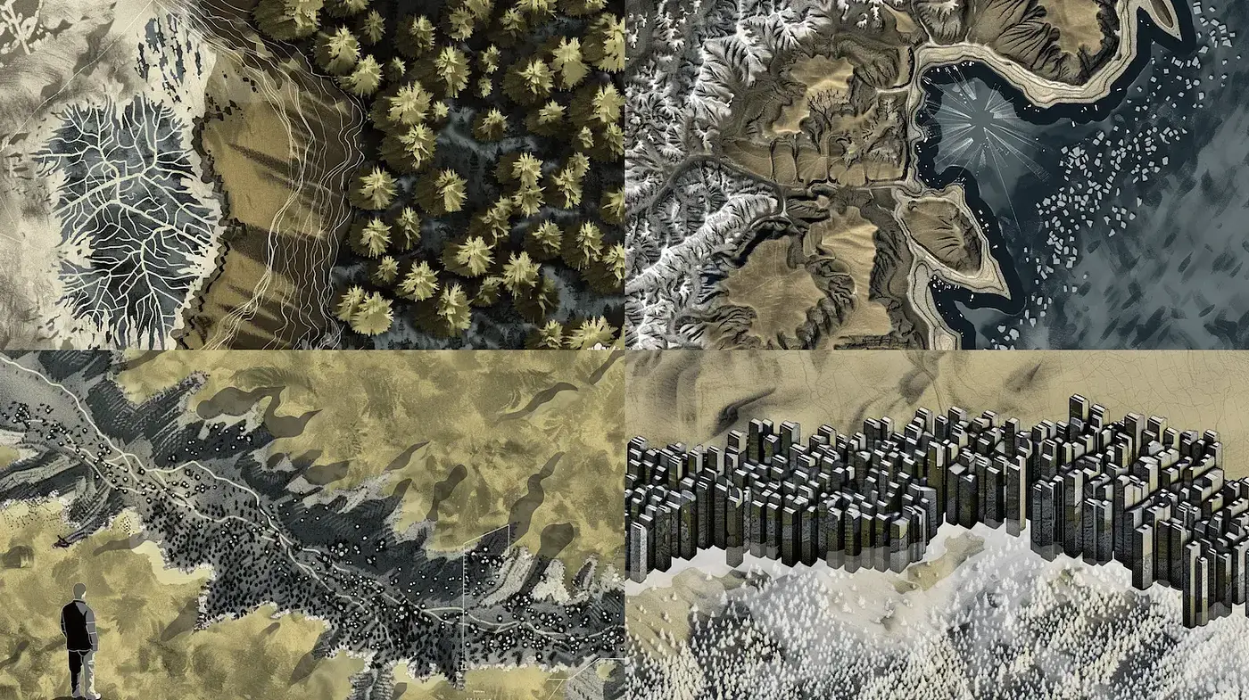 Artistic Exploration of Textured Landscapes with Geometric Clarity - Midjourney sref style