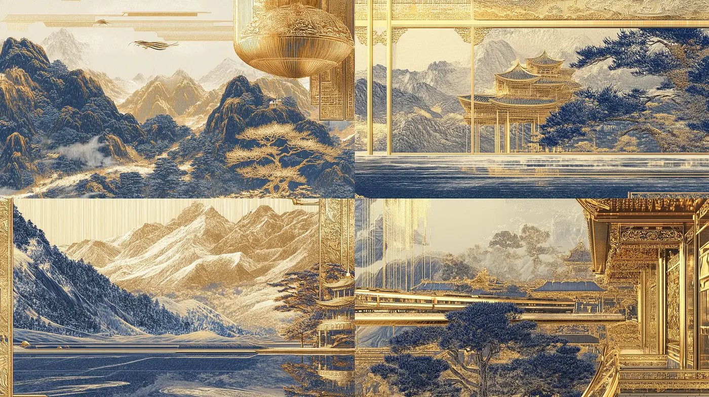 Ethereal Blue and Gold Asian-Inspired Panoramic Vistas - Midjourney sref style