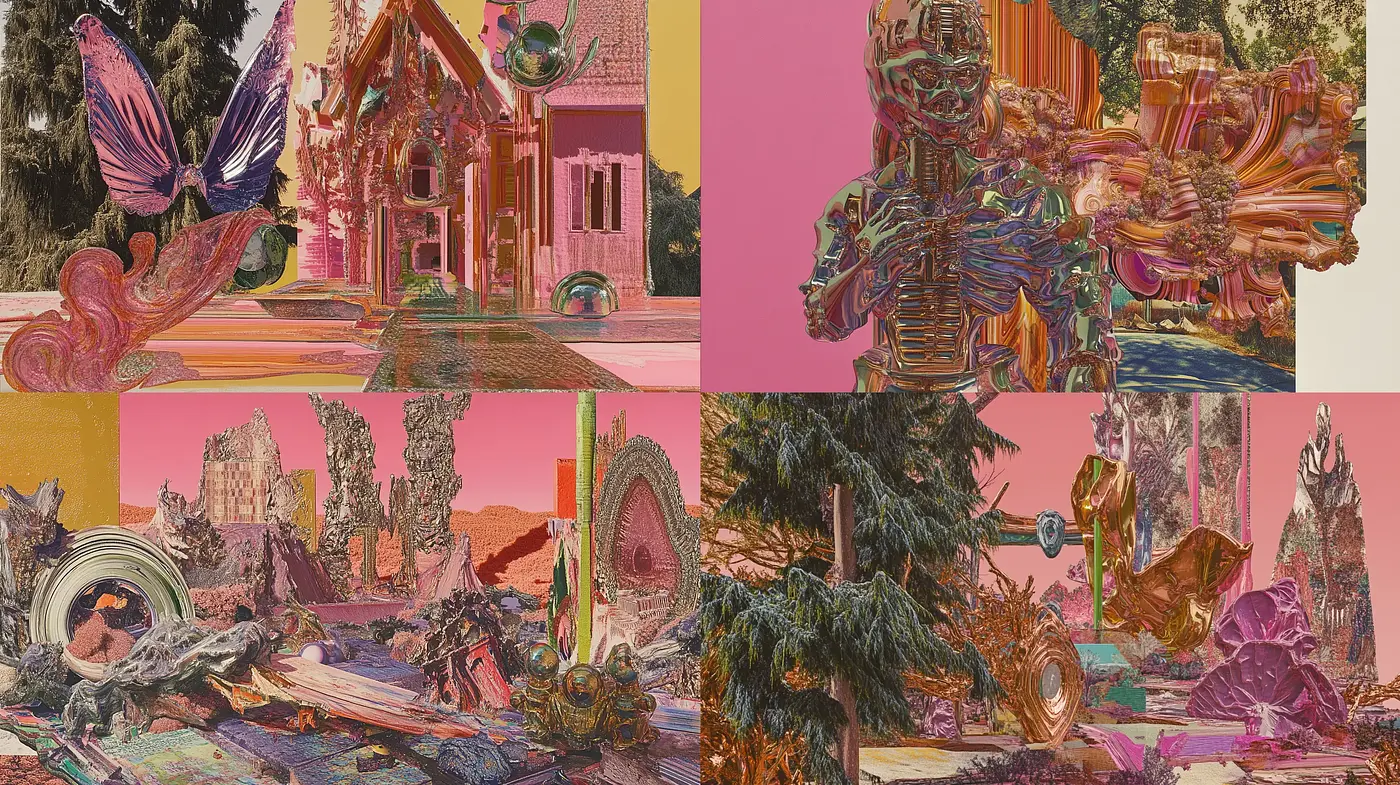 Surreal Dreamscape Fusion with Vibrant Hues and Eclectic Textures - Midjourney sref style